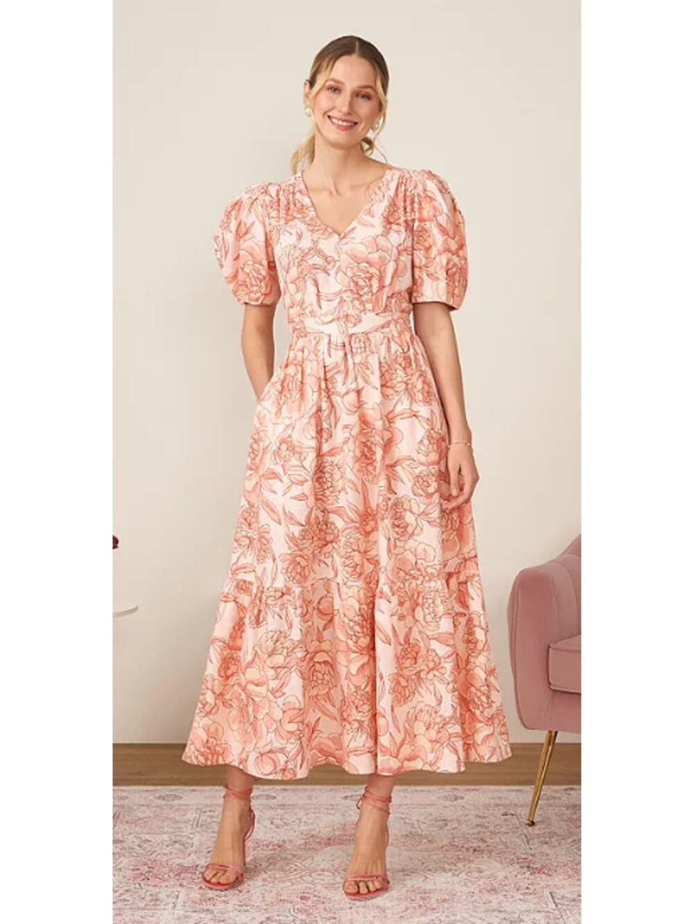 CECE WOMENS SIZE SMALL FLORAL PUFF SLEEVE BELTED LINEN BLEND MAXI DRESS PINK NEW
